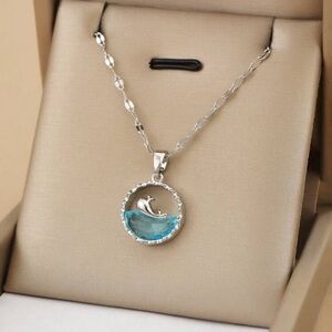 Silver Whale and Blue Wave Necklace, Whale in Ocean Necklace, Whale Necklace